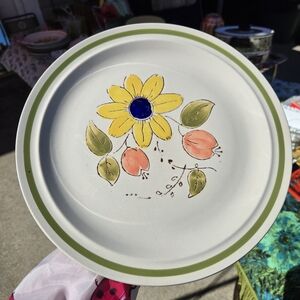 Hand-Painted Vintage Floral Platter with Green Rim